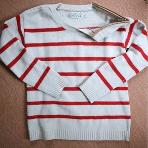 Red and cream striped wool sweater with leather shoulder zip detailing